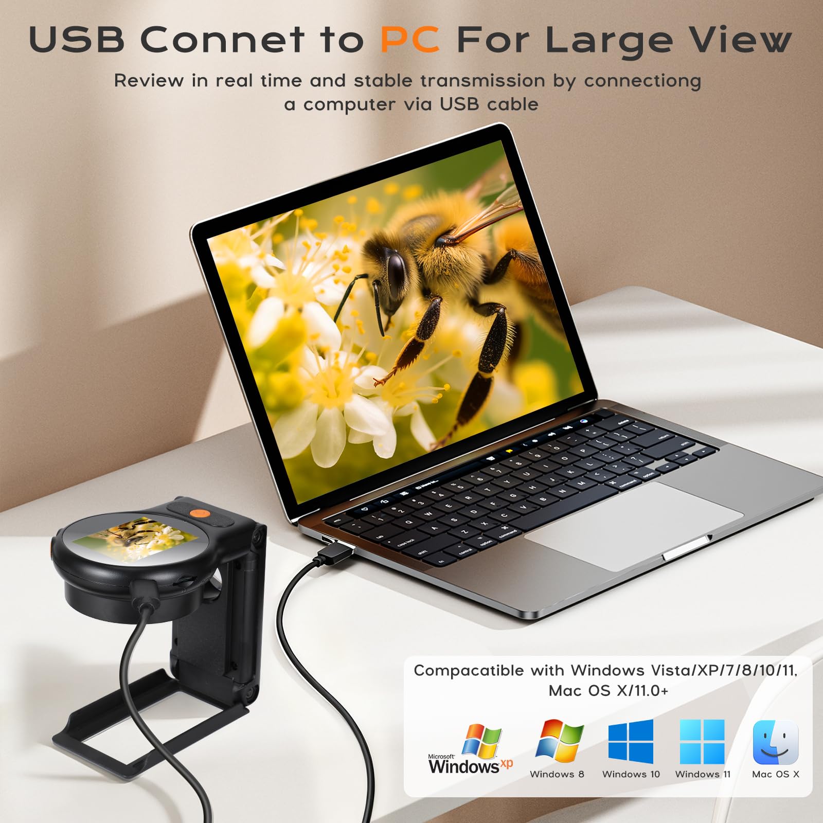 Microscopio de Mano 500X Cámaras de Microscopio Portátil con Pantalla IPS 2.0'' Recargable, Microscopios Digitales de Bolsillo con 8 Luces LED Ajustables y Lupa para Insectos Plantas Monedas Joyería