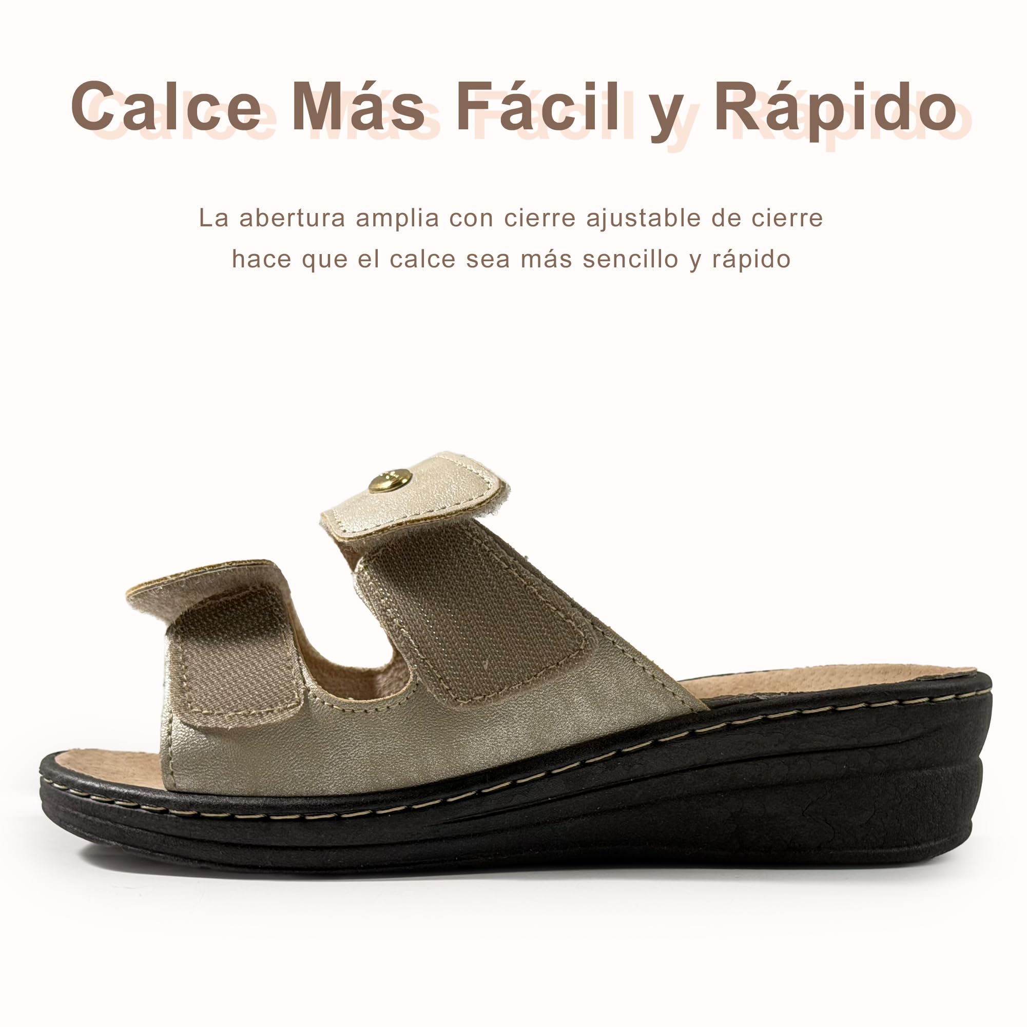 JOMIX Zapatillas Ortopédicas de Mujer con Cierre Ajustable Pantuflas de Verano Anatómicas y Ergonómicas Plantilla Extraíble de Piel Sandalias Cuña Cómoda para Pies Sensibles y Mayor