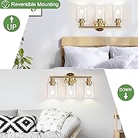 Vista 6 de Lámparas de baño de 3 luces, luces de pared de baño de latón cepillado con pantalla de vidrio transparente, moderna lámpara de pared de baño