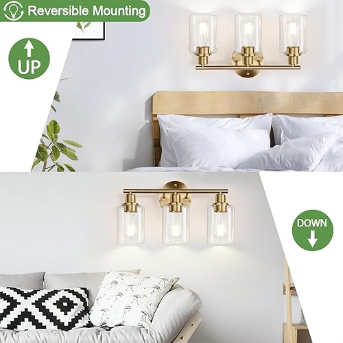 Miniatura 4 de Lámparas de baño de 3 luces, luces de pared de baño de latón cepillado, moderna lámpara de tocador de baño con pantalla de vidrio transparente,