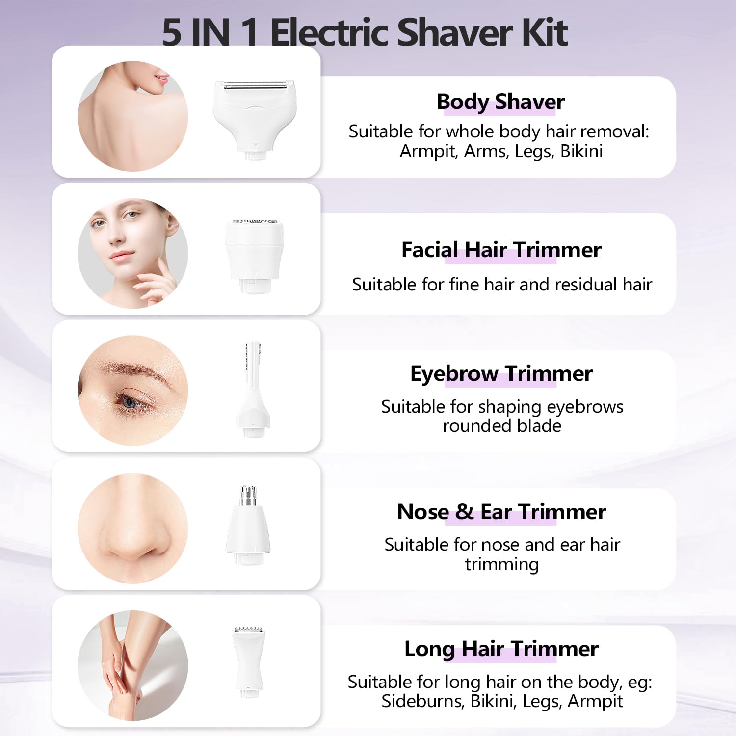Maquinilla de afeitar eléctrica 5 en 1 para mujer, removedor de vello facial sin dolor, recortadora de bikini recargable para mujer, maquinilla de afeitar facial húmeda/seca para cara, nariz, cejas,