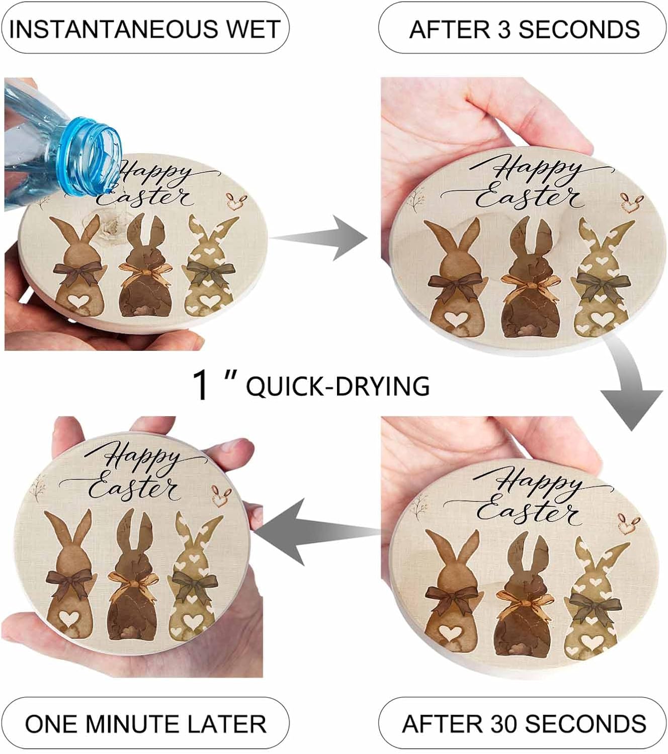 Happy Easter Drink Coasters Set of 4, Absorbent Round Ceramic Coasters for Desk, Vintage Brown Rabbits Love Heart Balloon Cup Mats for Home Kitchen Office Party Coffee Table Decoration Supplies