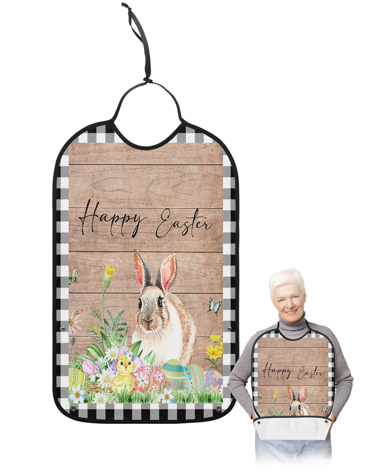 Spring Easter Adult Bibs for Eating, Waterproof Bibs with Food Catcher & Adjustable Snap Closure, Black White Plaid Bunny Colorful Eggs Wood Clothing Protectors Adult Bibs for Elderly Women/Men