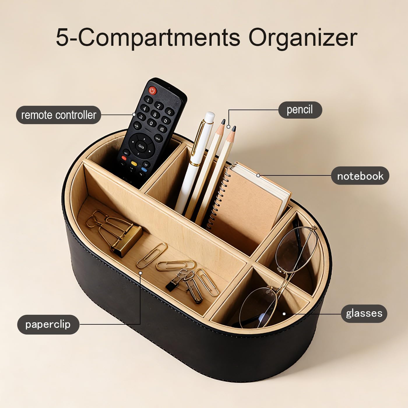 KINGFOM PU Leather Desk Organizer with Multi Compartments, Desktop Caddy Holder for Remote Controls, Pens, Makeup Brushes, Office Accessories (Black)