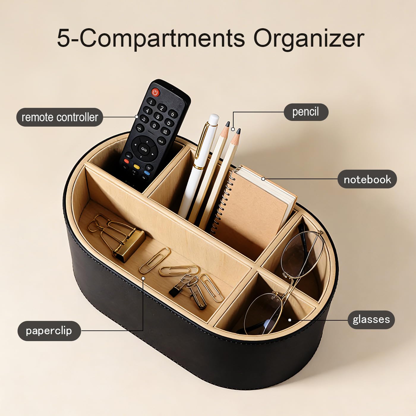KINGFOM Schreibtisch Organizer aus Leder, Stiftehalter mit 5 Fächern, Ovaler Büro Organizer für Stifte, Fernbedienung & Zubehör, Schwarz, für Büro & Home Office (Schwarz)