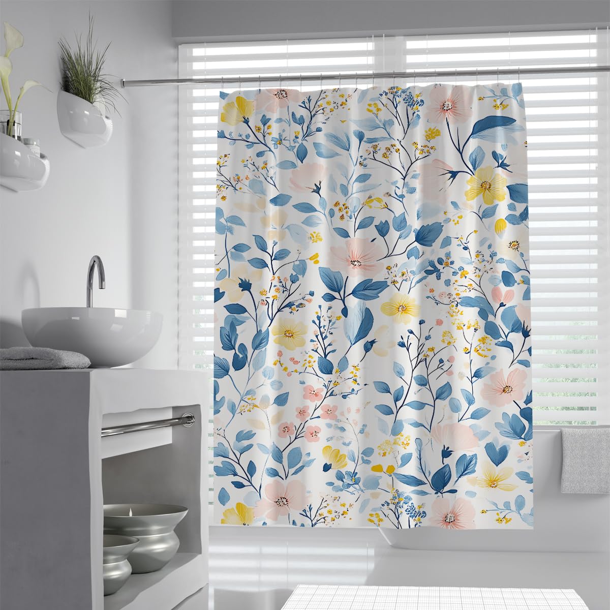 UIRINGART Boho Blue Yellow Floral Shower Curtain W90xL180cm Pastel Pink Wildflower Leaf Pattern Mildew Resistant Waterproof Bathroom Curtain With Hooks