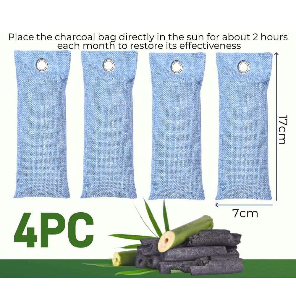 Paquete de 4 Bolsas de Carbón Activado de Bambú (75g cada una)|Purificador de Aire Natural, Absorbente de Olores y Humedad|Desodorante Reutilizable para Zapatos, Armario,Coche,Cocina,Nevera y Hogar
