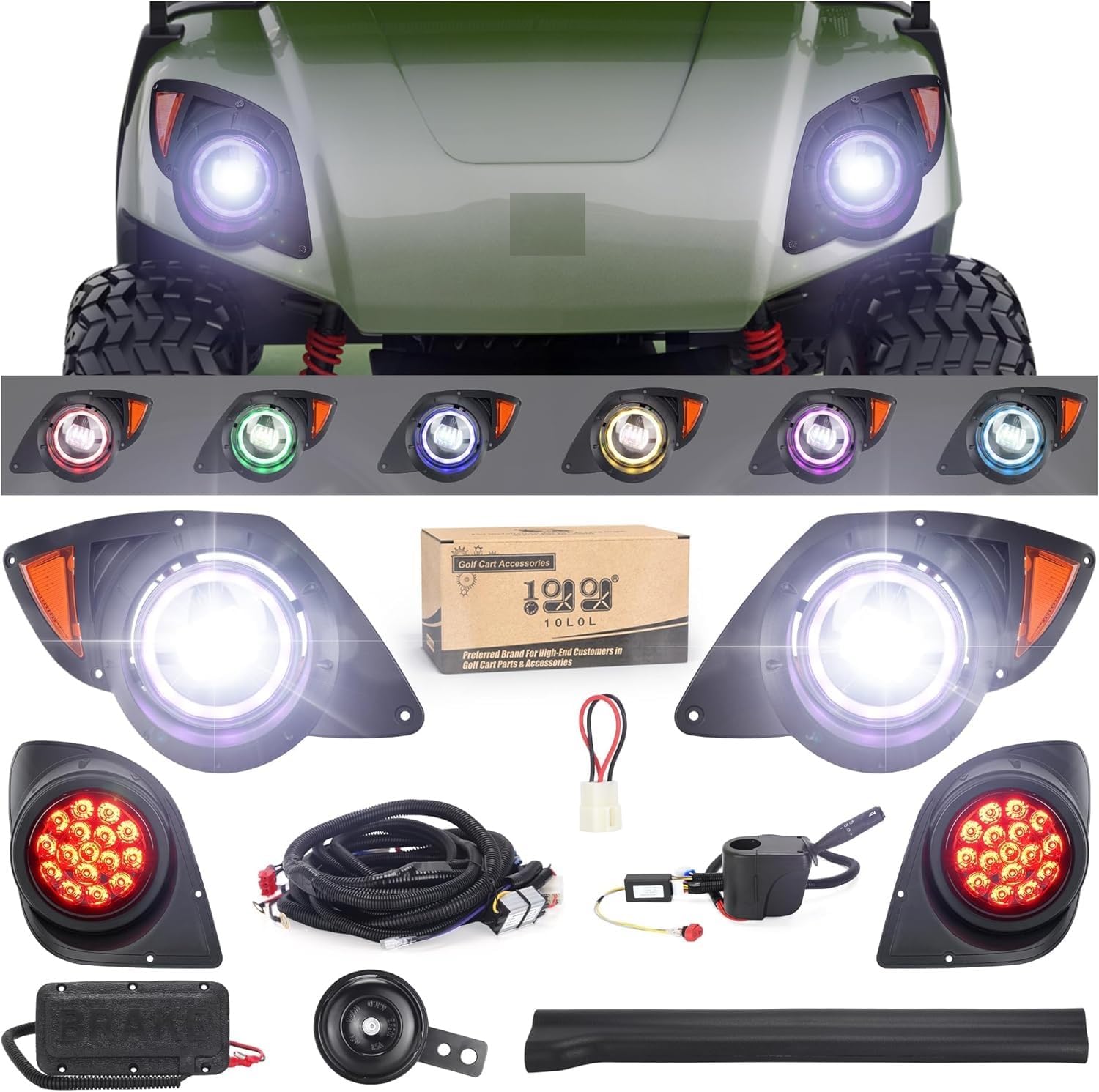 10L0L Golfwagen-Scheinwerfer und Rücklicht-Set, passend für Yamaha G29 Drive ab 2007, Deluxe-Straßenzulassungslicht-Set mit RGB-Tagfahrlicht, Blinker, Schalter, Hupe, Bremslicht-Kabelbaum