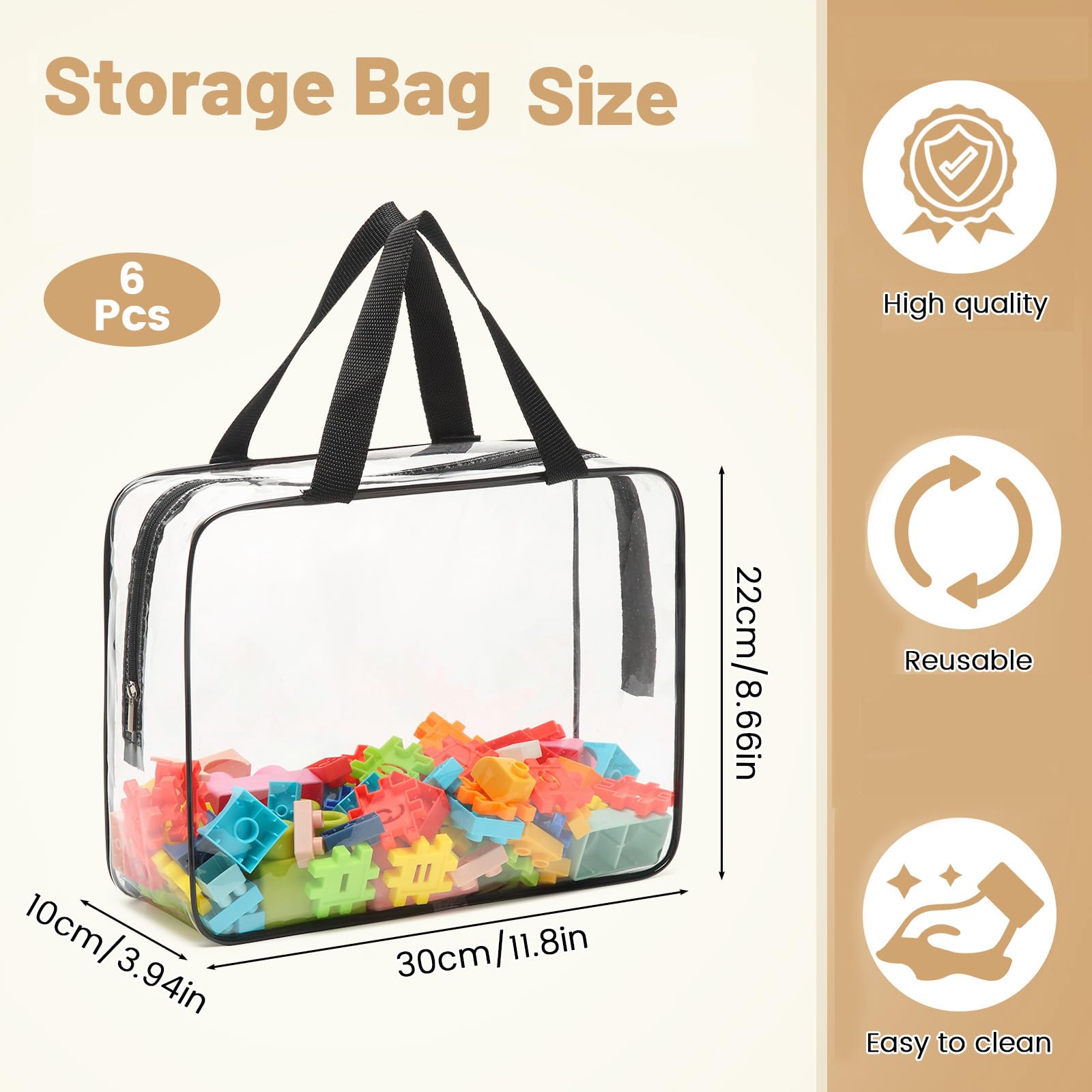 Bagentry 6 Pack Clear Toiletry Storage Bags, PVC Plastic Zipper Pouches with Handle, Waterproof Transparent Makeup Organizer Bag for Board Game Puzzle Book Building Blocks (6)