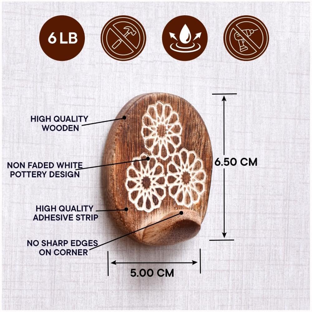 Indian Shelf 3 Piece Wood Adhesive Decorative Wall Hooks for Hanging Coats, Keys, Towels, Hat, Leash- White & Brown Boho Sticky Wood Towel Hooks for Bathrooms (6 Strips Included)