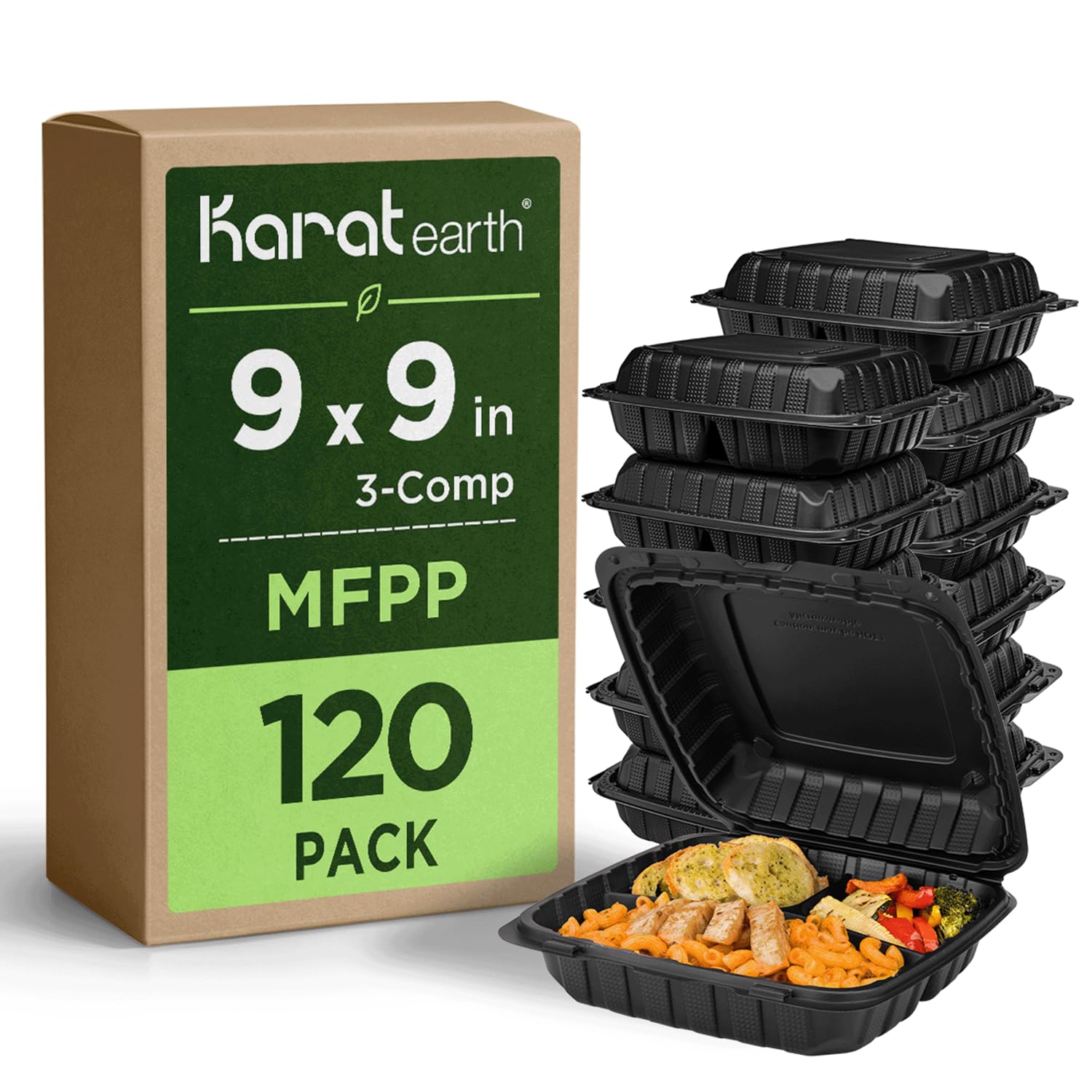 KARAT EARTH Clamshell Take Out Food Containers [9"x9" - 120 ct] To Go Containers | 3 Compartment, Soak-Resistant, Durable, Stackable | Vented for Hot/Cold Foods, Black