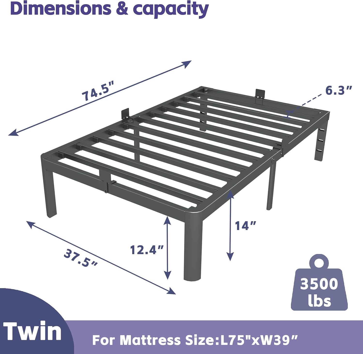14 Inch Twin Bed Frames, Metal Twin Bed Frame No Box Spring Needed, Heavy Duty Steel Support 3500 LBS, Headboard Holes, Anti-Slip Mattress Stoppers, Rounded Legs, Storage Space, Easy Assembly - Image 2
