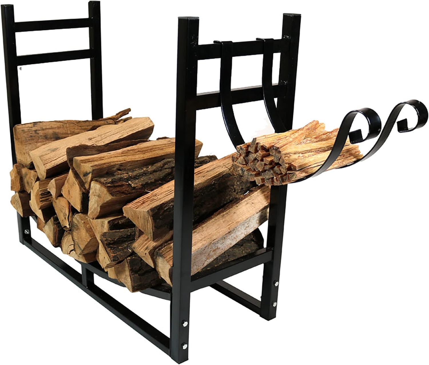 Sunnydaze 33” Black Powder-Coated Steel Outdoor Firewood Log Rack with Kindling Holder and 4-Piece Fireplace Tool Set with Stand