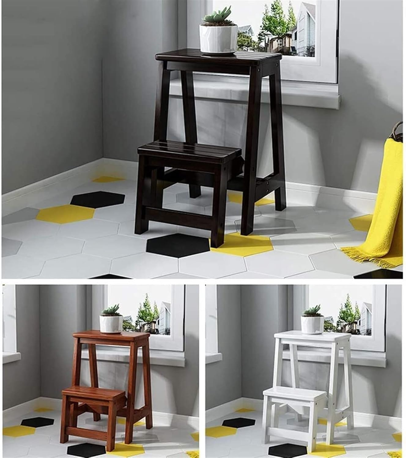 Modern Simple Folding Step Stool, Non-Slip Multi-Function Library Bedroom Living Room Wooden 2-Step Ladder Easy to Store Stepladder (B)