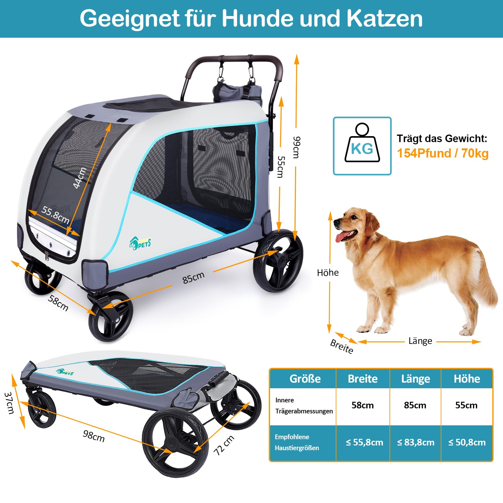 Ownpets Extra großer Hundebuggy für mittelgroße und große Hunde bis 70kg, mit Aufbewahrungstasche, verstellbarem Griff, atmungsaktives Netz, faltbar, 4 Gummi-Räder