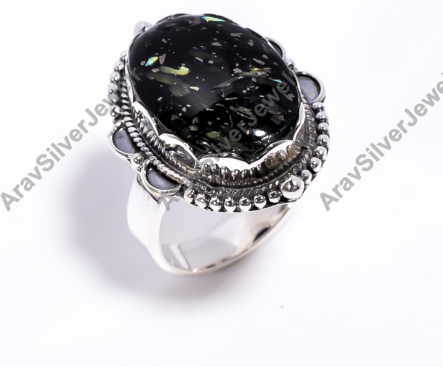 Natural Top Quality Golden Blue Fire Nuummite Gemstone 925 Sterling Silver Handmade Statement Promise Wedding Ring Jewelry Gift for Her