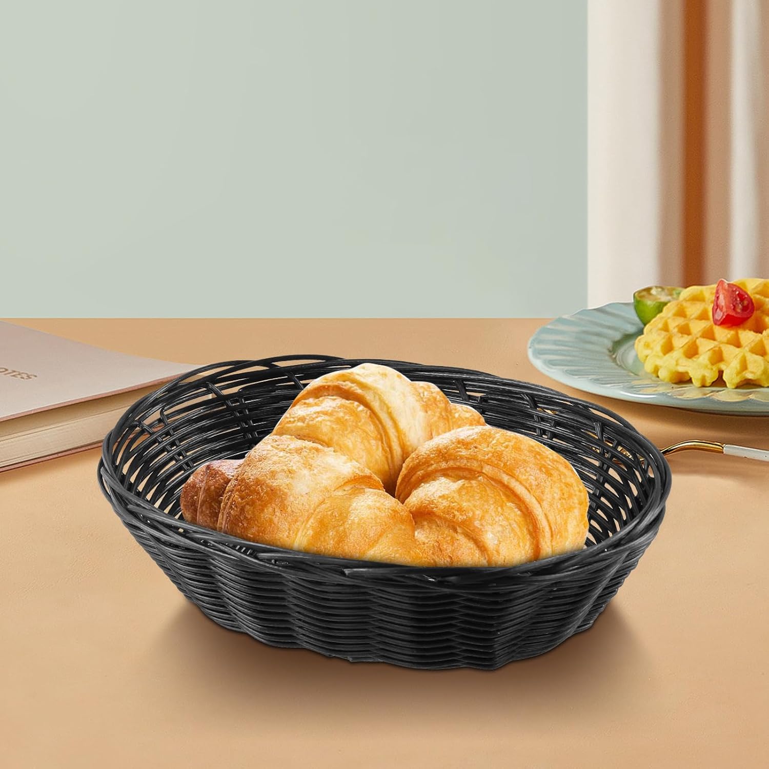 20 Pack 9 x 6 x 2.4 Inch Black Wicker Bread Basket, Woven Oval Plastic Basket Serving Baskets, Empty Woven Baskets for Storing Food, Bread, Fruits, Vegetables