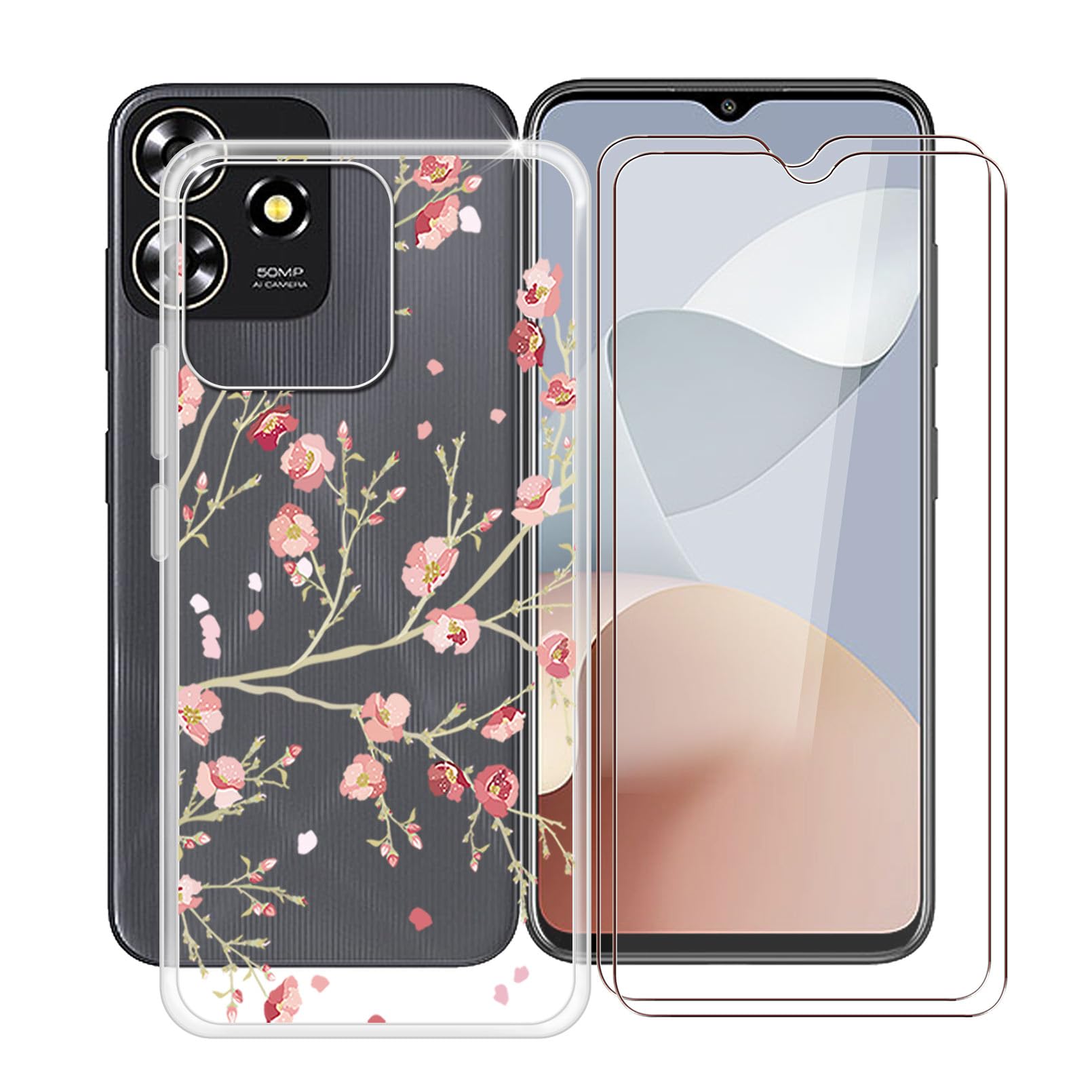 Phone Case for ZTE Axon 50 Lite (6.6") with 2 X Tempered Glass Screen Protector, [Anti-Yellow X Shockproof] Clear Soft TPU Bumper Cover for ZTE Axon 50 Lite - Camellia