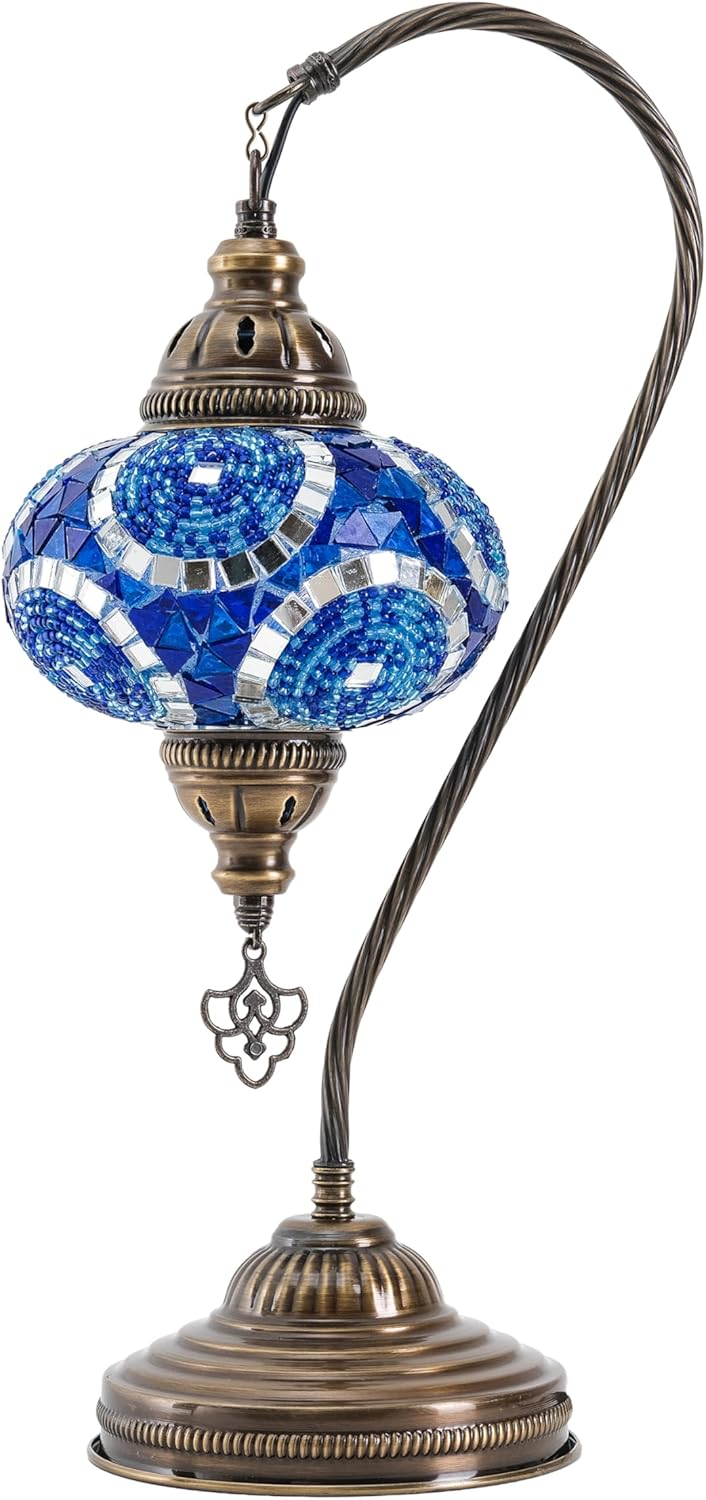 Mozaist Turkish Lamp, Swan Neck Mosaic Table Lamp, Moroccan Decorative Glass Antique Bohemian Vintage Lamp Shade, Tiffany Desk Bedside Stained Glass Lamp with US Plug and E12 Socket