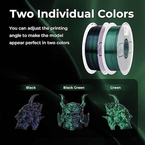 Miniatura 2 de AMOLEN Filamento PLA de seda para impresora 3D, de doble color, negro y verde, de 0.069 in, filamento de cambio de color brillante para la mayoría