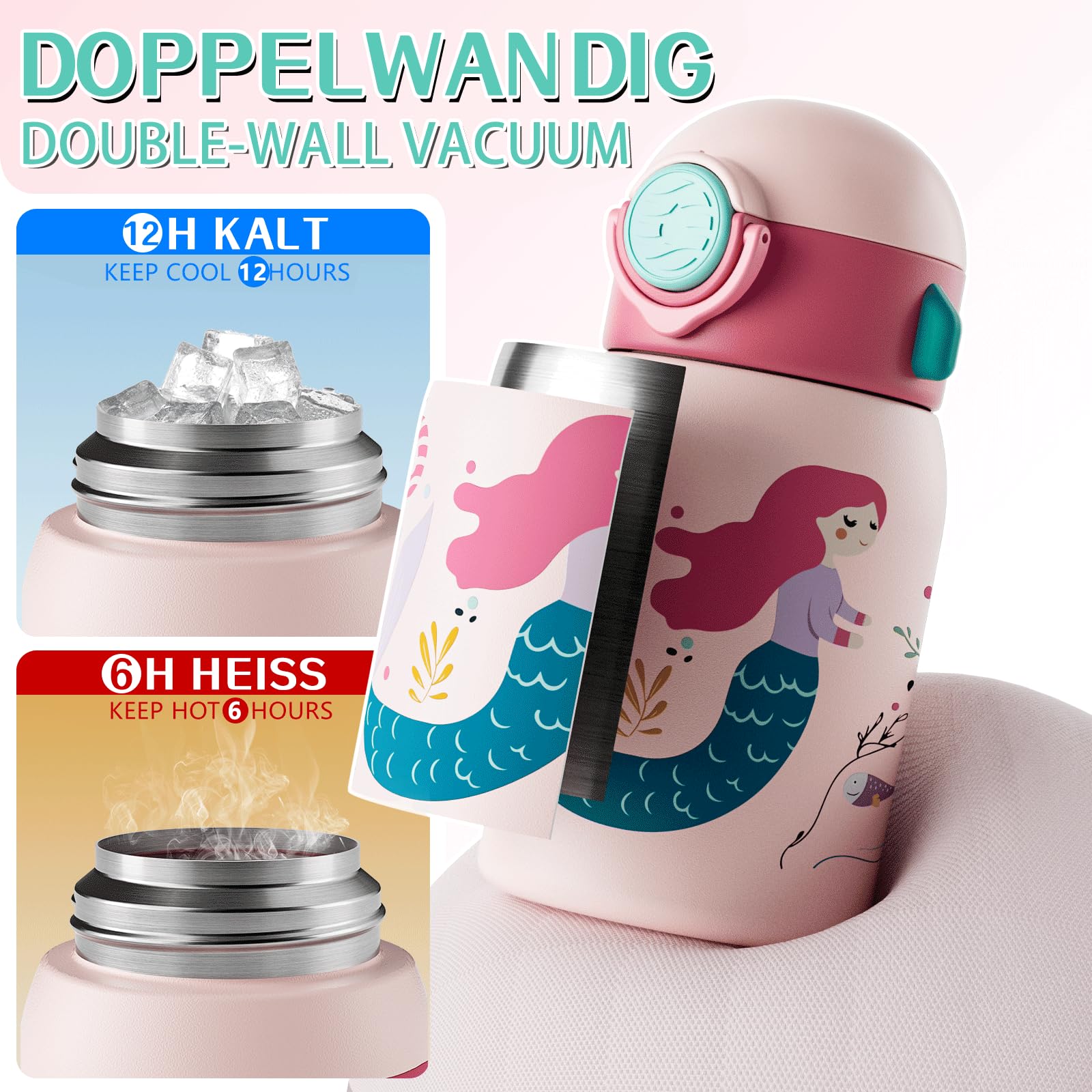 Fjbottle Botella de Agua Acero Inoxidable para Niños 400ml + Funda, Sin Fugas/Sin bpa Botella termica con Pajita para la Escuela y Deportes