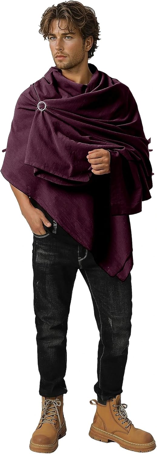 Shawl Scarf Vikings Cosplay Mens Medieval Neck Hooded Cape Women Retro Costume Cotton Renaissance Cloak for Party(Purple) - Image 2