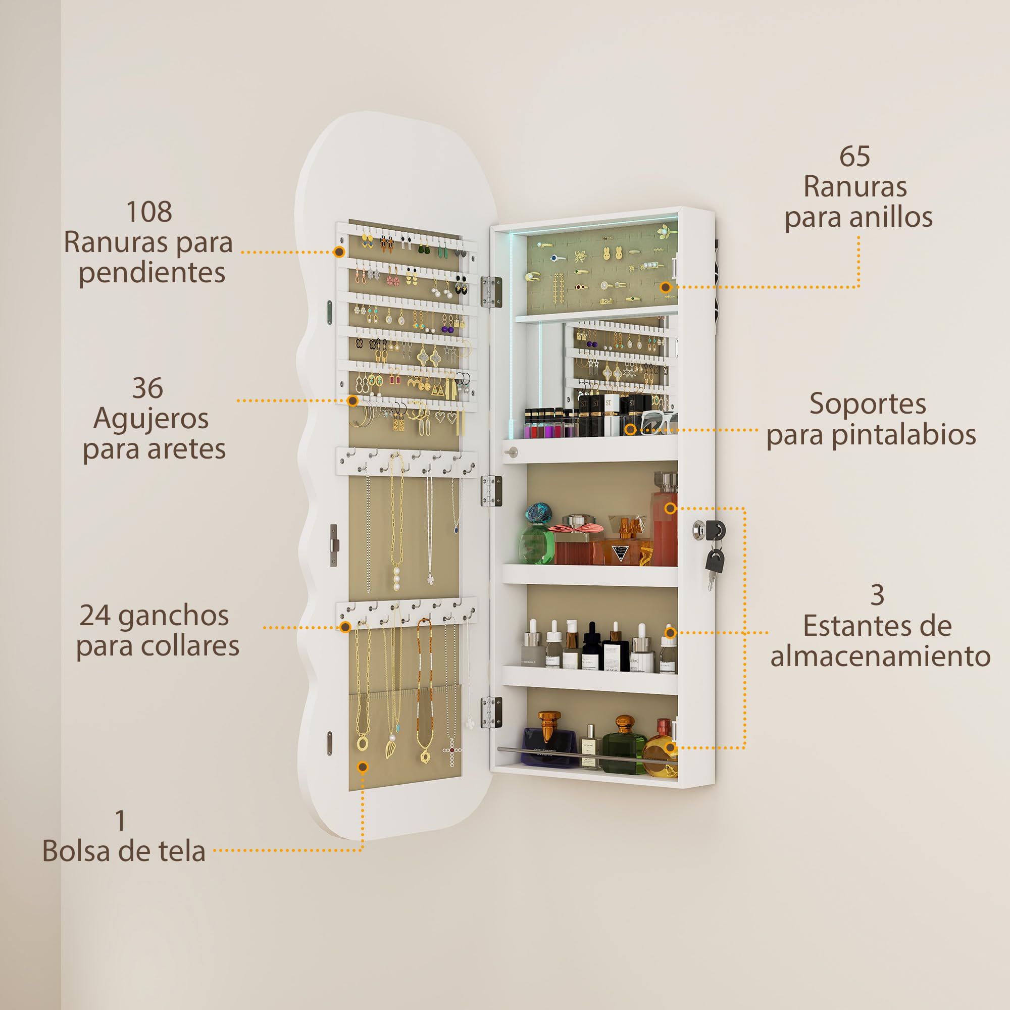 HOMCOM Espejo Joyero con Luz LED 3 Colores, Armario para Joyas Montado en Pared, Espejo Entero, Blanco