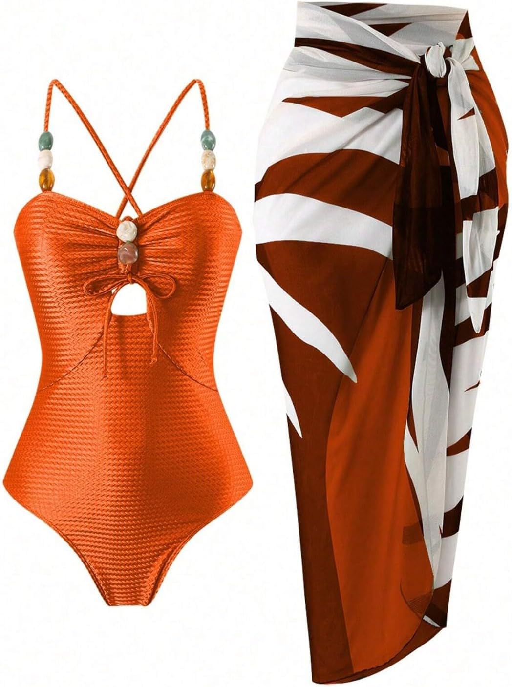 Women's One Piece Swimsuit with Beaded Straps and Striped Sarong Cover Up, 2 Piece Swimwear Set, Beach Outfits
