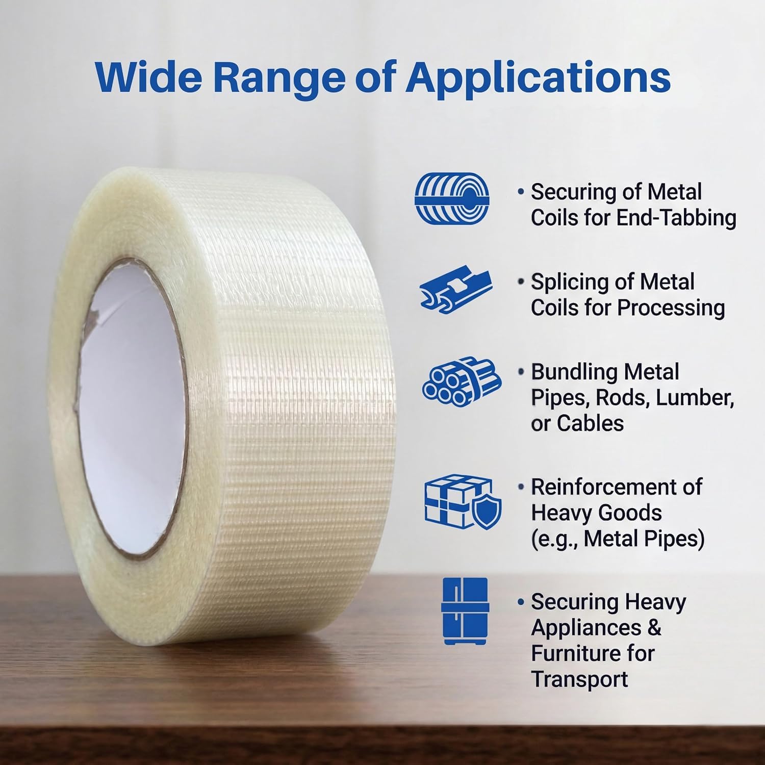 Filament Tape Bi-Directional Cross Weave, Fiberglass Reinforced Strapping Tape, Heavy Duty Industrial Packing & Palletizing, Strong Adhesive Shipping Tape 3" x 60 Yards, 2 Rolls