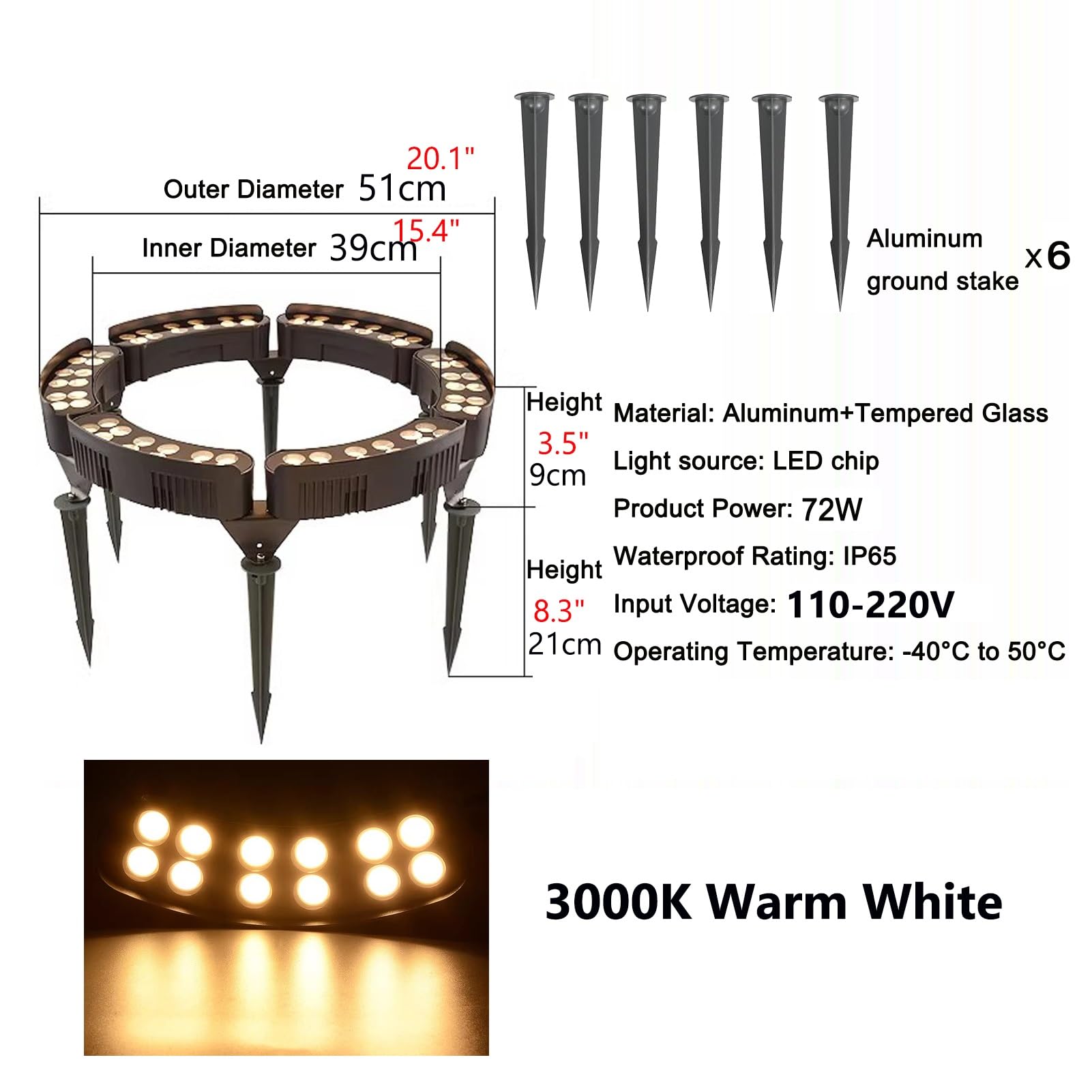 Lampy pierścieniowe LED na drzewo na zewnątrz IP67 wodoodporne 3000K ciepłe białe oświetlenie krajobrazu dla palm ogród Yard dekoracje weselne(6 Packs)