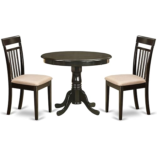 East West Furniture ANCA3-CAP-C 3 Piece Kitchen Table Set for Small Spaces Contains a Round Dining Table with Pedestal and 2 Linen Fabric Dining Room Chairs, 36x36 Inch, Cappuccino