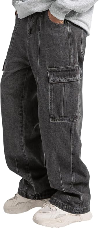 Mens Baggy Cargo Jeans Y2K Skater Vintage Plain Pants Grunge Jeans Causal Wide Leg Denim Pants Streetwear