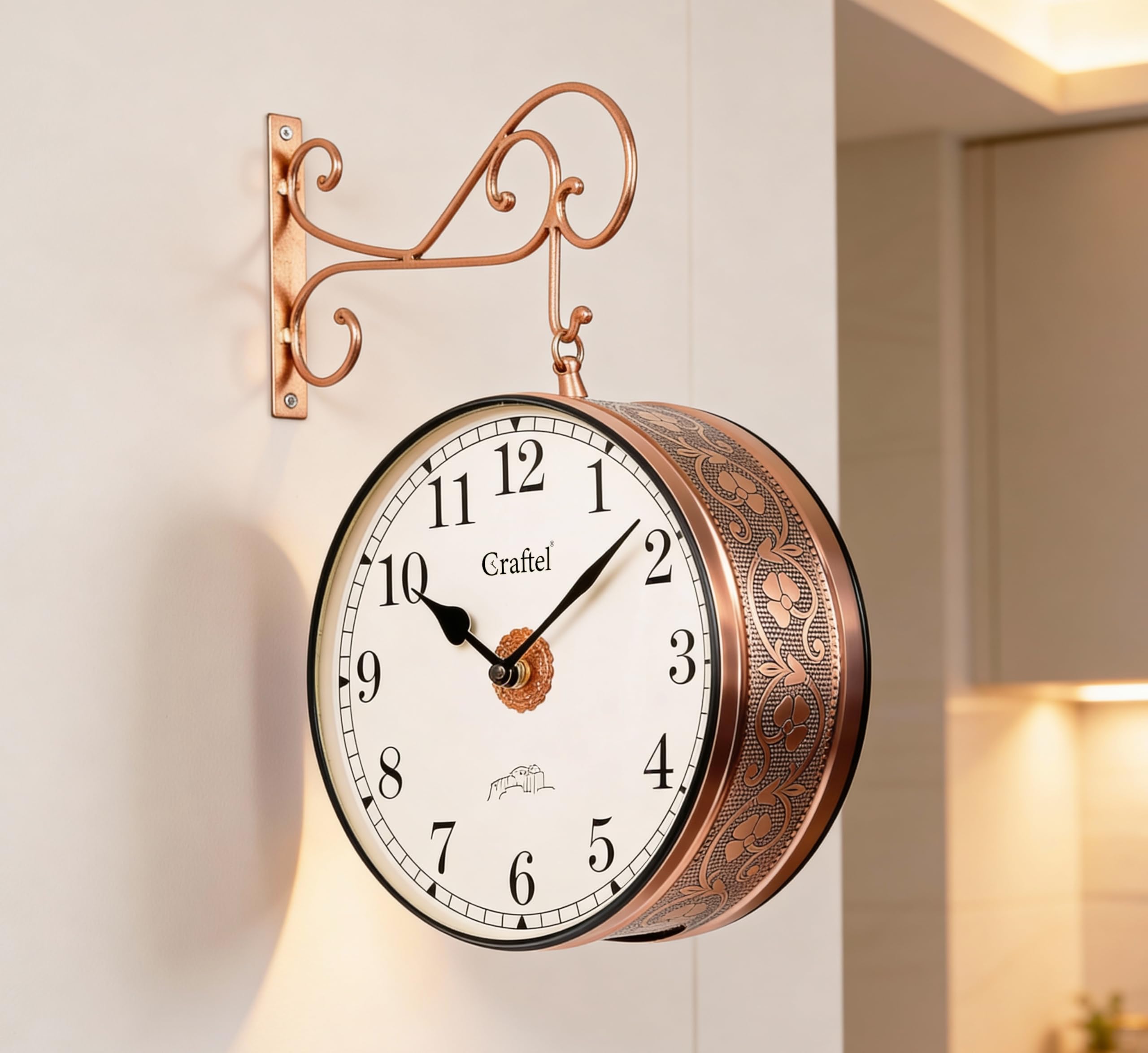CRAFTEL Classic English Dial Double Sided Station Wall Clock | English & Roman Numerals | Multi-Layer Electroplated | Aluminum Dial Brass Body | Dial - 12 Inches, Rose Gold | 365 Days Warranty