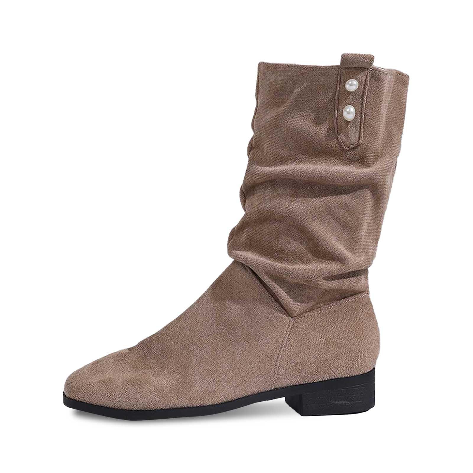Cowboy Boots for Women Winter Tassel Mid Calf Slouch Boots Round Toe Fur Warm Low Heel Boot Suede