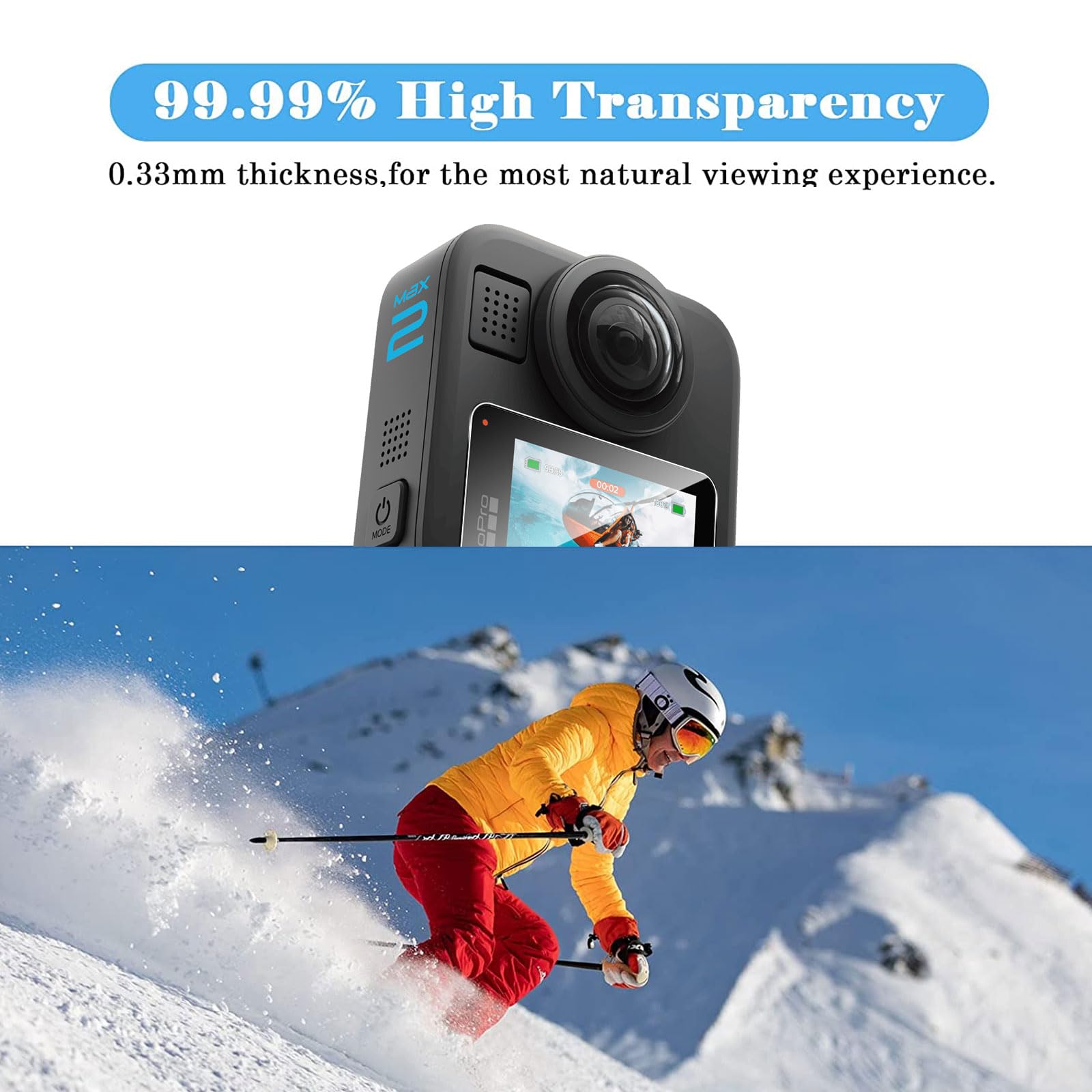 QULLOO Pellicola Protettiva per GoPro MAX 2, 2 Pezzi HD Vetro Temperato Durezza 9H Anti-graffio Schermo Protezione