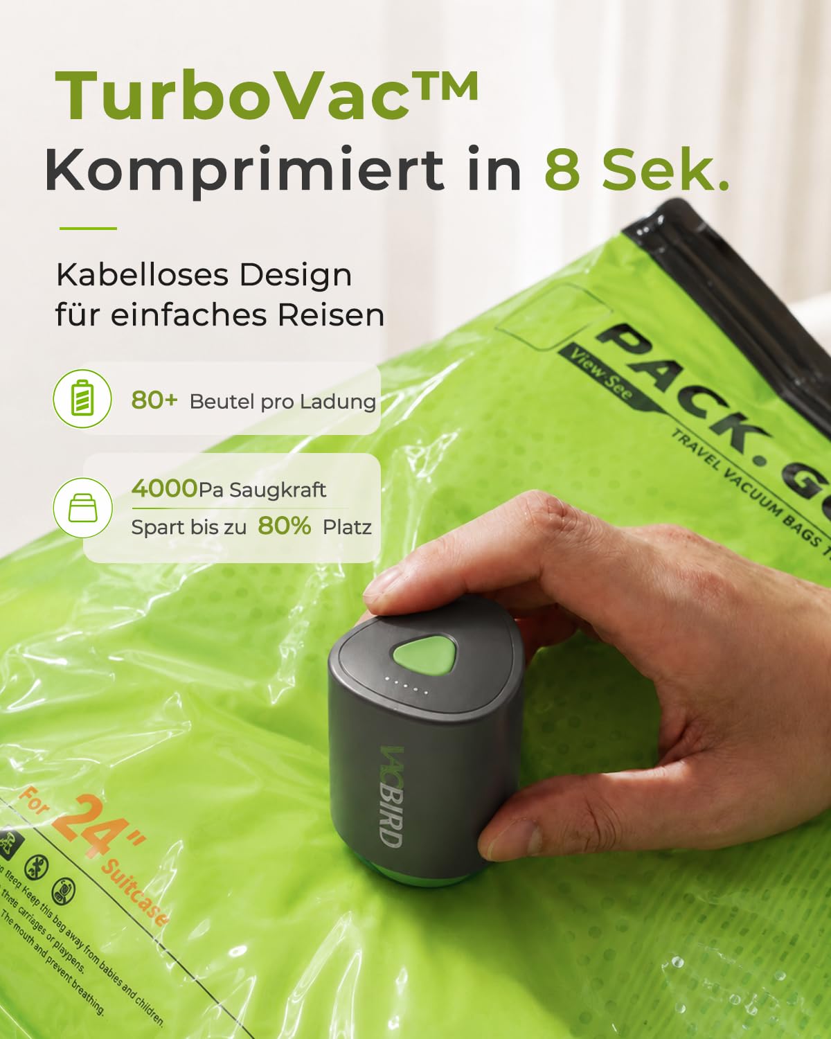 Vacbird 20 Stück Vakuumbeutel für Kleidung mit kabelloser Vakuumpumpe, 8 x 40x54cm, 8 x 47x64cm, 4 x 47x64x12cm, platzsparende Vakuumierbeutel für Kleidung – ideal für Reisen und Kofferorganisation
