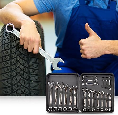 Miniatura 6 de Estuche organizador de llaves para juego de llaves de trinquete métricas y SAE, 19 llaves de trinquete combinadas, caja de herramientas para