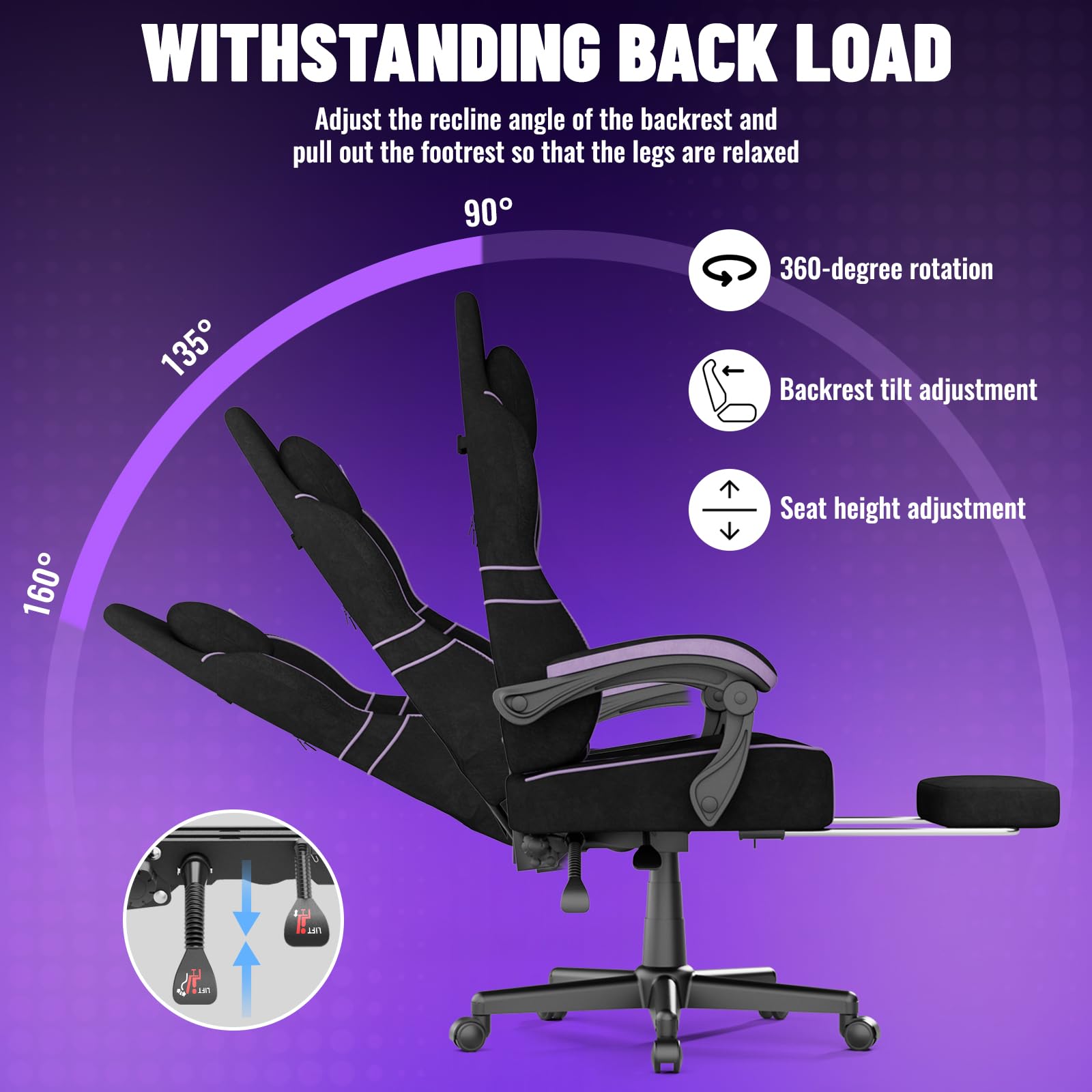 Soontrans Sedia da Gaming con Poggiapiedi, Sedia Gaming Ergonomica con Poggiatesta & Cuscino Lombare Massaggio, Pelle Scamosciata, Sedie Gaming per Youtube Livestreaming Playstation (Nero&Viola)