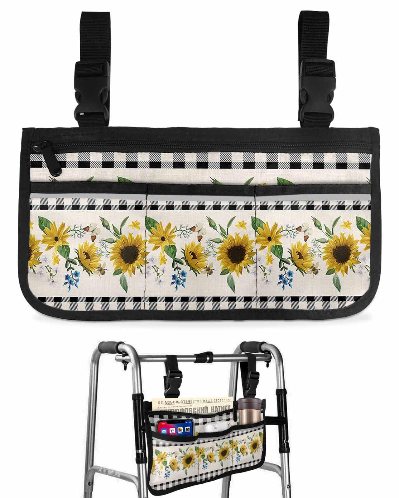 Farmhouse Sunflower Wheelchair Side Bag Walker Bag, Rustic Butterfly Floral Black Buffalo Plaid Wheelchair Accessories Armrest Pouch, Organizer Storage Bag for Walkers, Rollators, 7.3''x13''