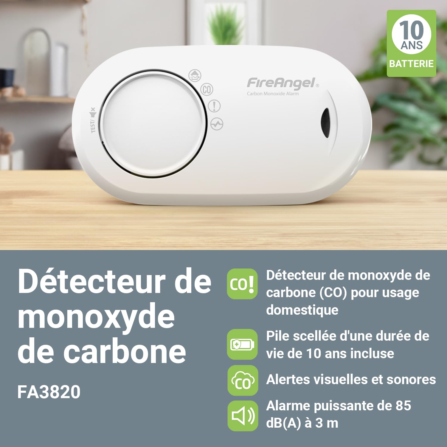 FireAngel FA3820 Détecteur de Monoxyde de Carbone CO, Capteur de Monoxyde de Carbone, Détecteur de CO Portable, Pile Scellée 10 Ans, Maison, Voyage