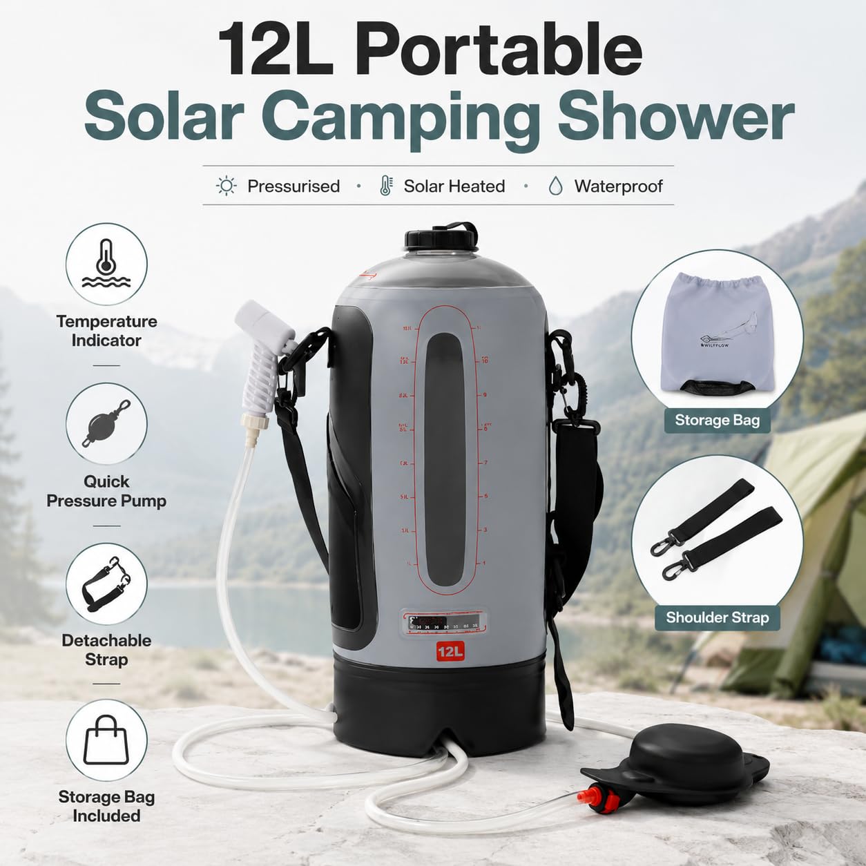 Doccia da campeggio portatile da 12 l, con pompa a pressione, riscaldamento solare e indicatore di temperatura, impermeabile, per campeggio, escursionismo, giardino, con borsa portaoggetti, tracolla e