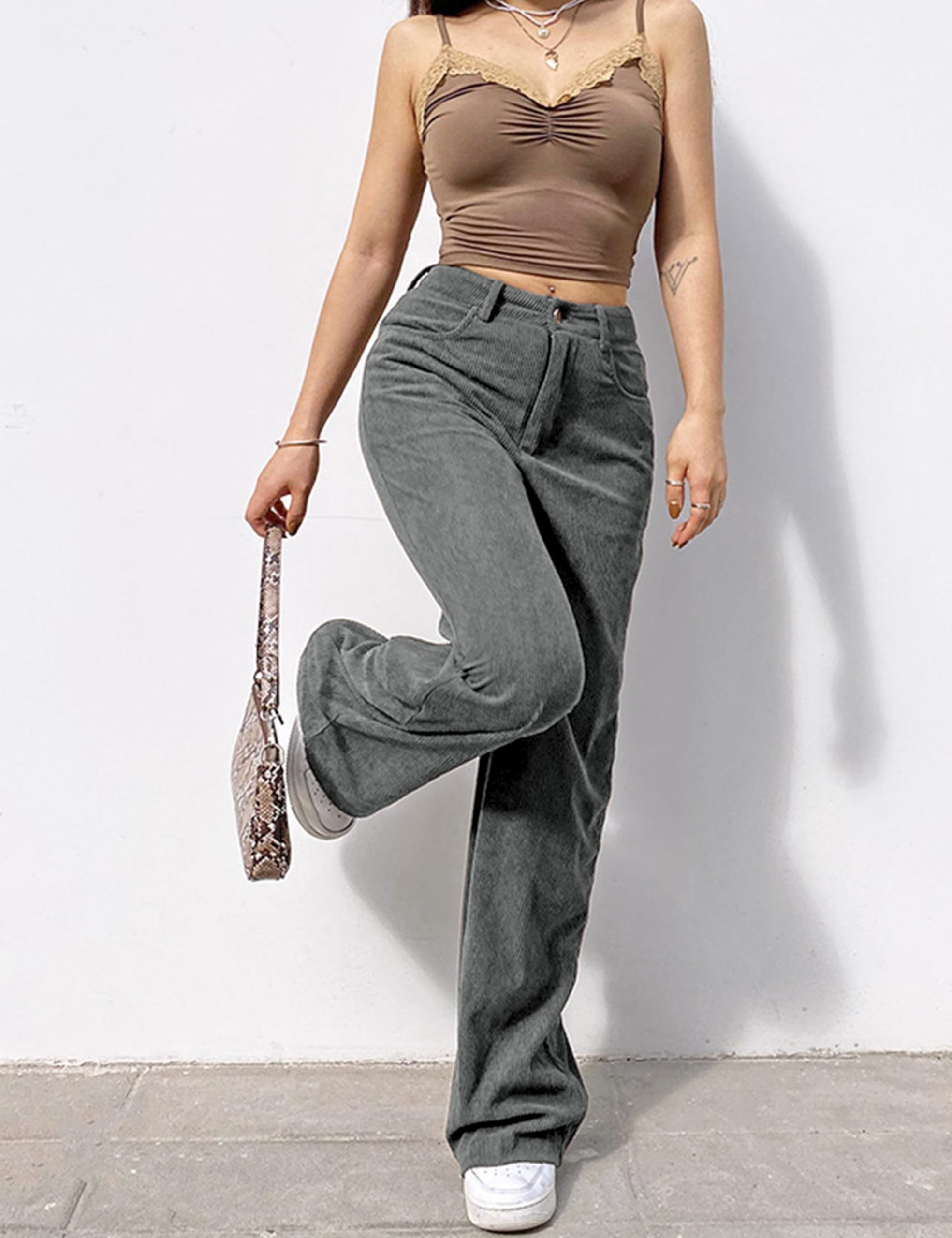 SCUSTY Women's Vintage Corduroy High Elastic Waist Wide Leg Pocketed Pants Trouser