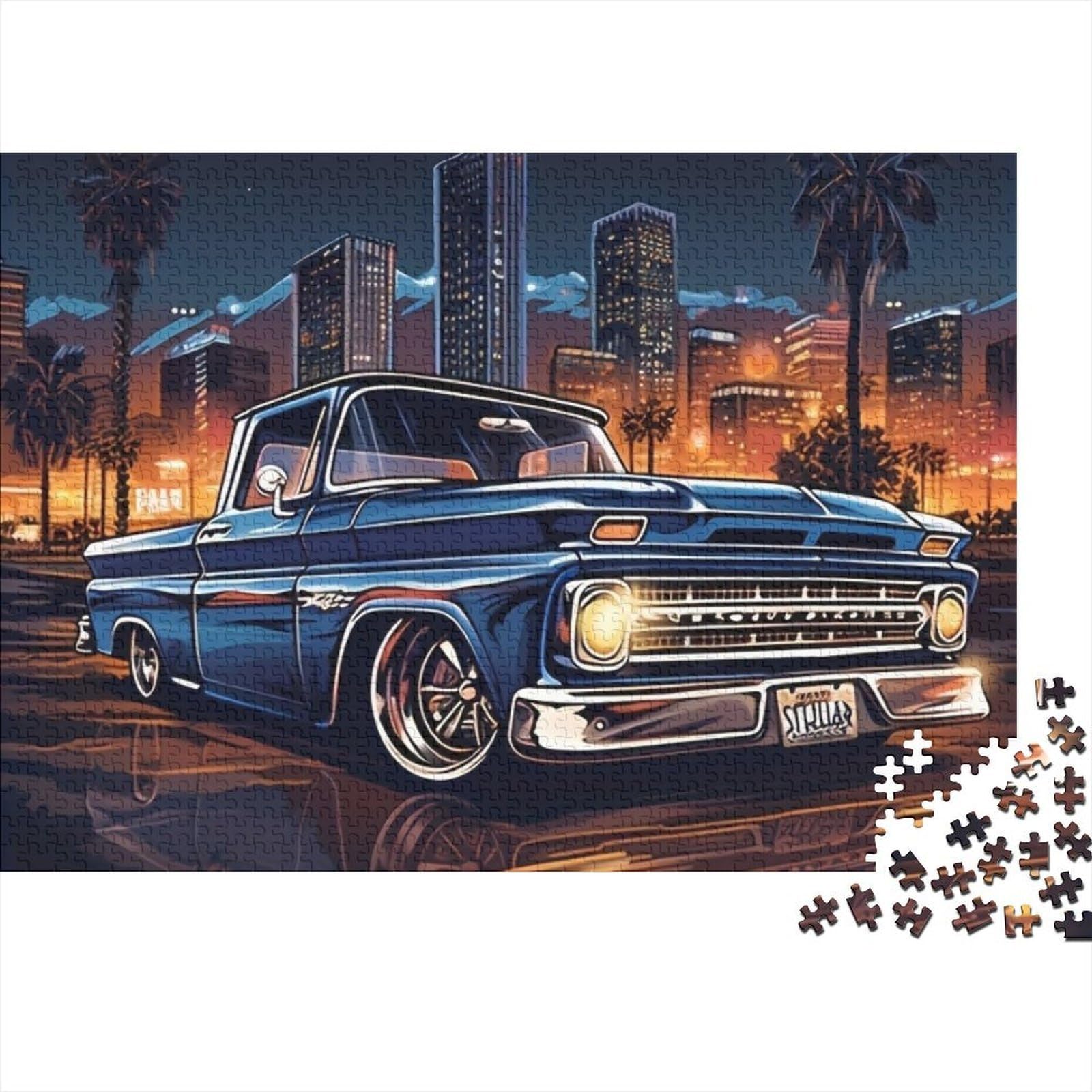 Classic Truck Night 1000 Pieces Puzzles Colorful Blue Pickup Truck Decoration Puzzle Decompression Jigsaw for Men And Women Challenging Puzzles Jigsaw Puzzles for Adults 52x38cm/1000pcs