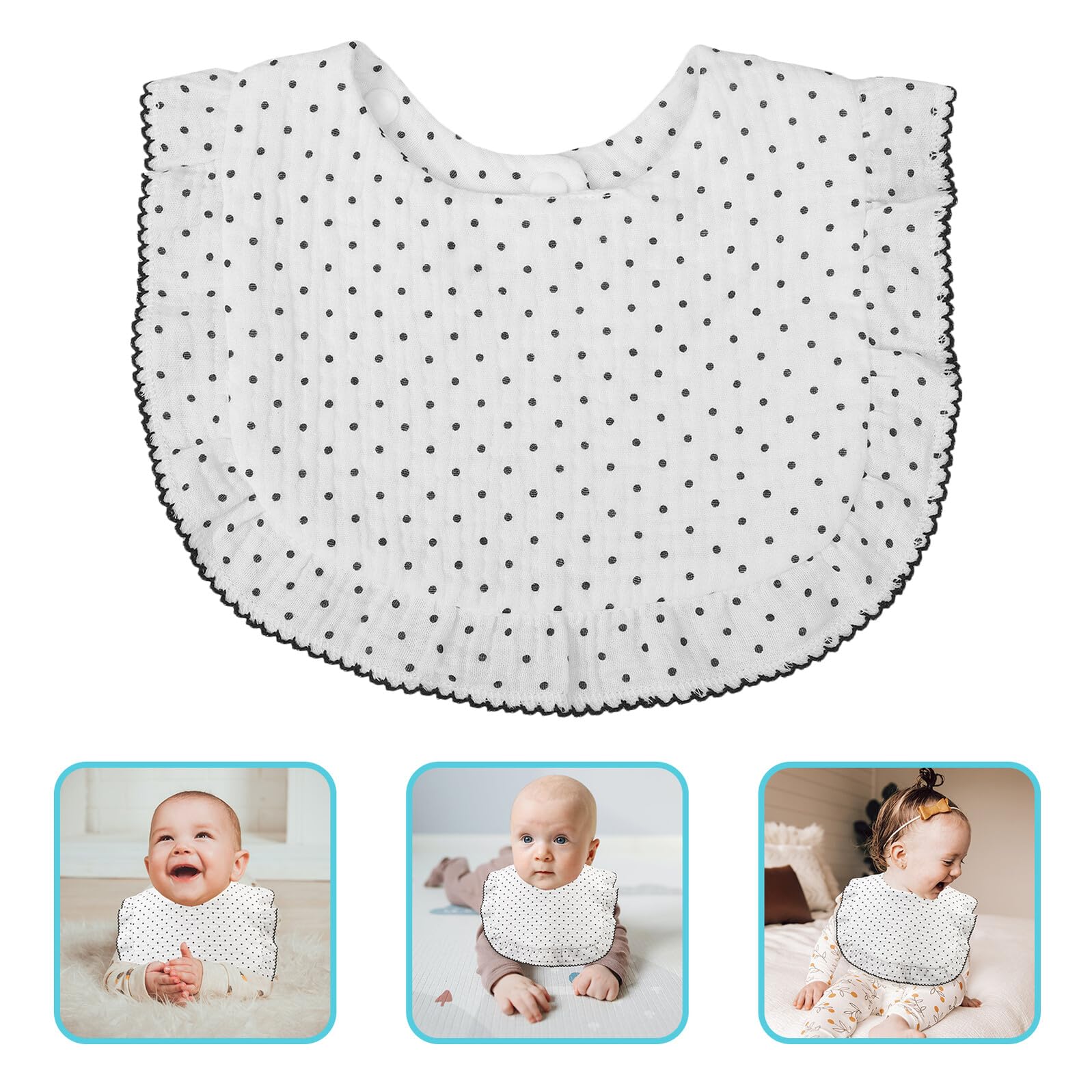 Bavoir Coton Doux à Pression Protection Anti-bave et Salive Né Fille Motif Pois Blancs avec Broderie Confortable et Ajustable