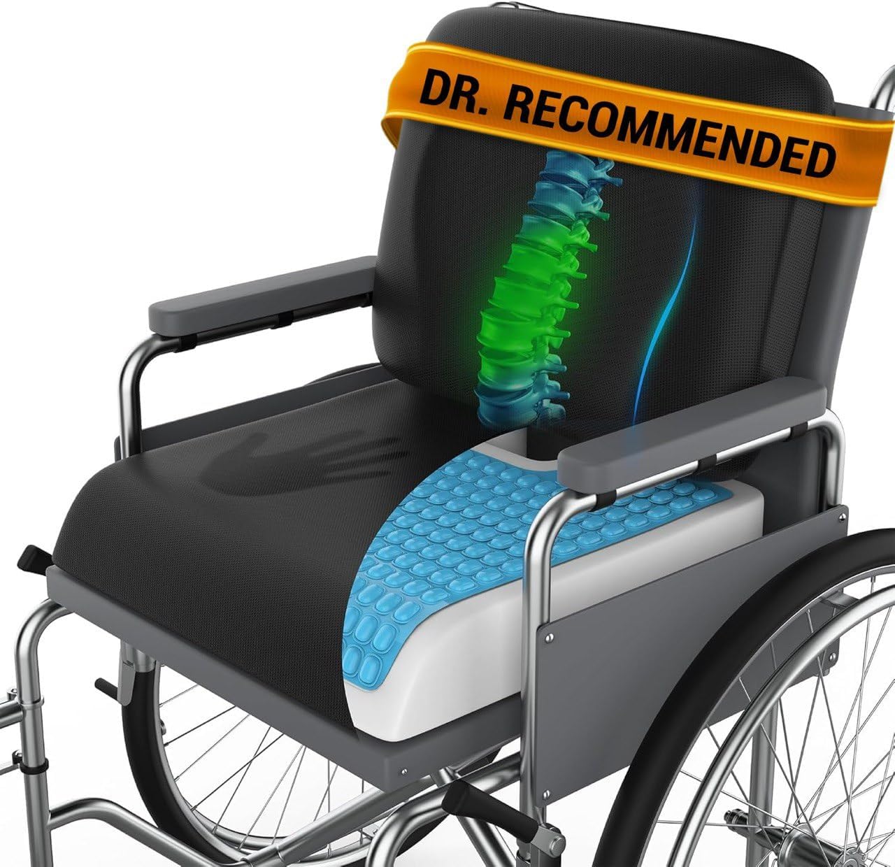 Wheelchair Cushion for Pressure Relief - (2-Piece Set) 18”x16” Anti-Slip Wheelchair Seat Cushions for Adults, Seniors with Lumbar Pillow and Removable Strap, Gel Cushion for Wheelchair