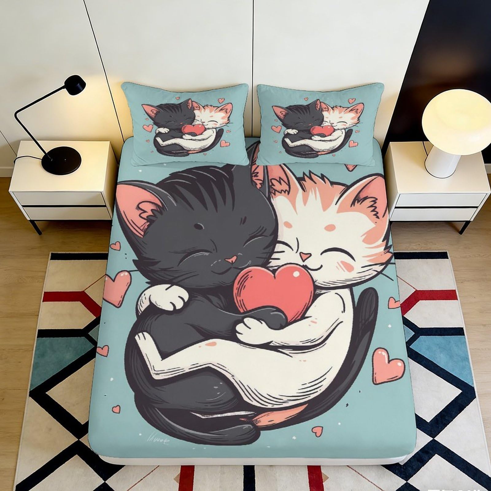 3D Printed Cartoon Cats Fitted Sheet Microfiber Deep Pocket Bedroom Bedding Non-Slip Full Wrap Adult Youth Mattress Fitted Cover Washable 140x200x25cm