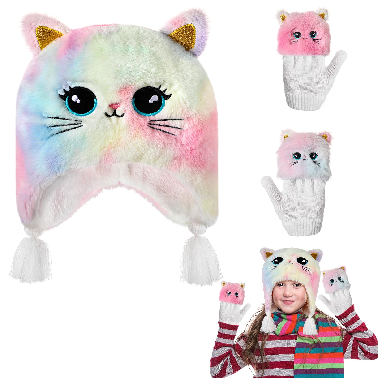 Chat Ensemble Bonnet et Gants Fille, 3PCS Bonnet Chat et Mitaine Enfant Filles de 3 à 10 ans, Bonnet Enfant Hiver Fille et Gants, Ensemble et Mitaines Bonnet Oreille de Chat Accessoires Chaud D'hiver