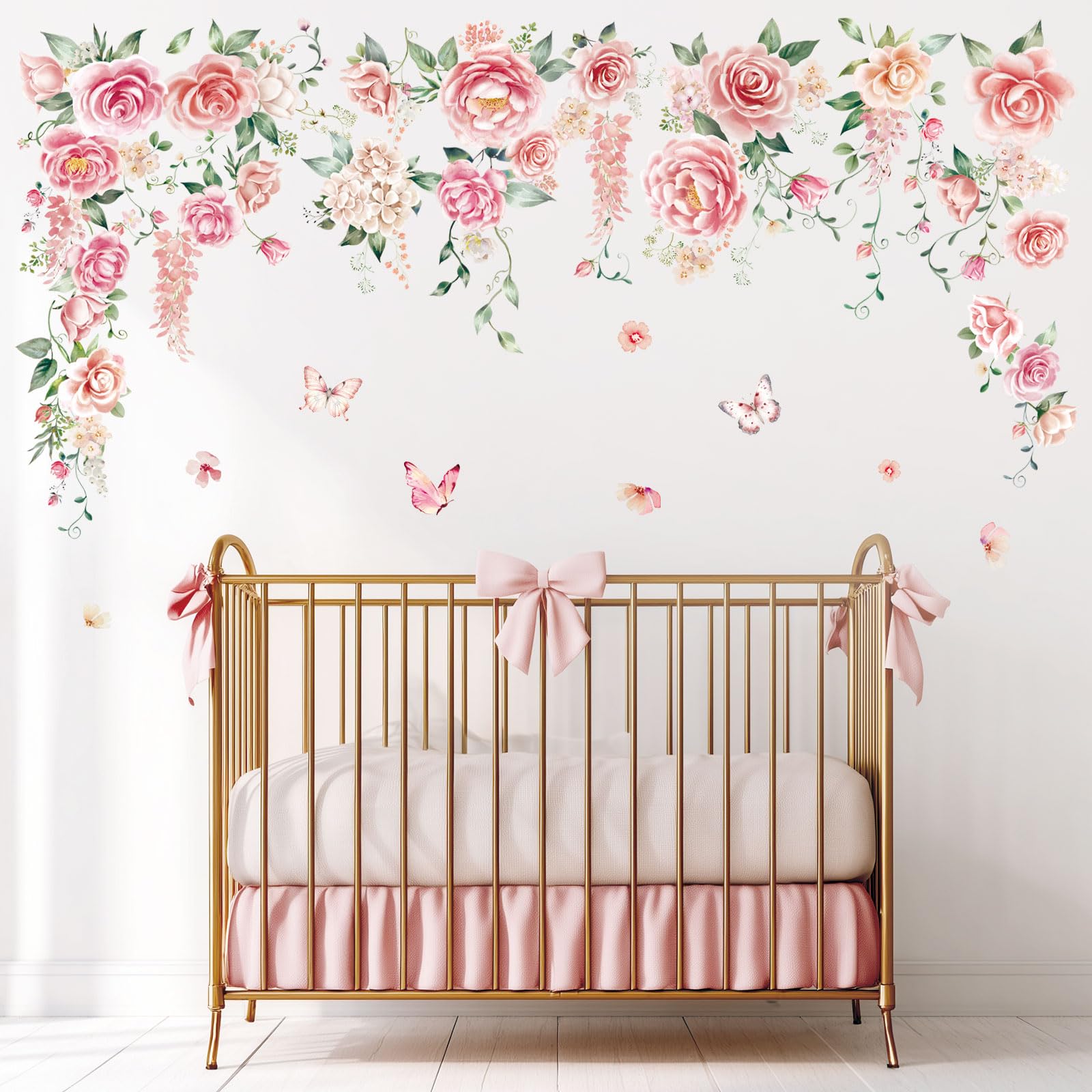 DECOWALL Large Pink Rose Flower Wall Stickers Peony Hanging Floral Vine Wall Decals Baby Nursery Girls Bedroom Living Room Wall Decor (SG3-2428) - Image 3