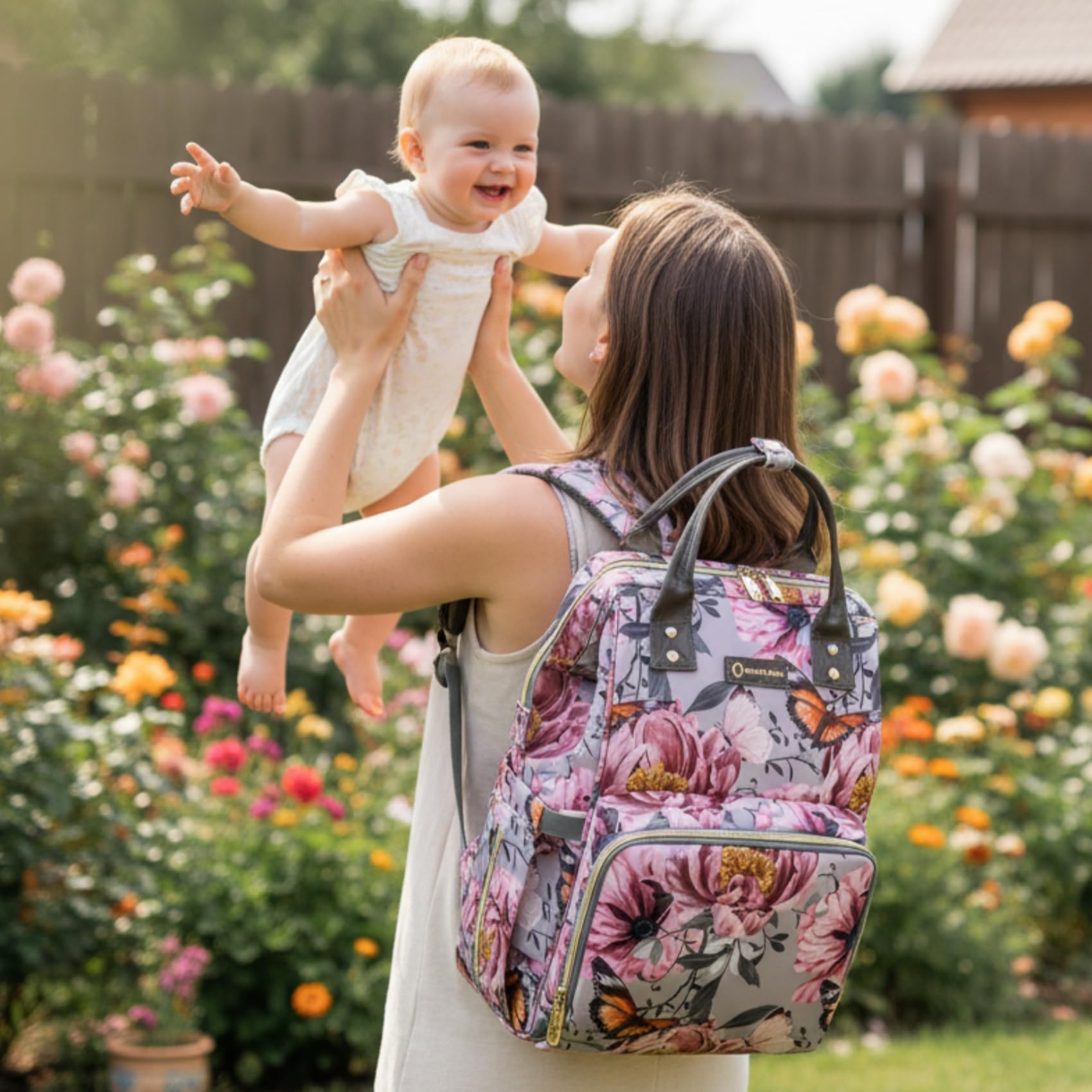 Borsa per pannolini con motivo floreale, con portamonete, porta di ricarica USB, cinghie per passeggino e tasca isolata, zaino da viaggio per donne/mamme (motivo floreale grigio rosa)