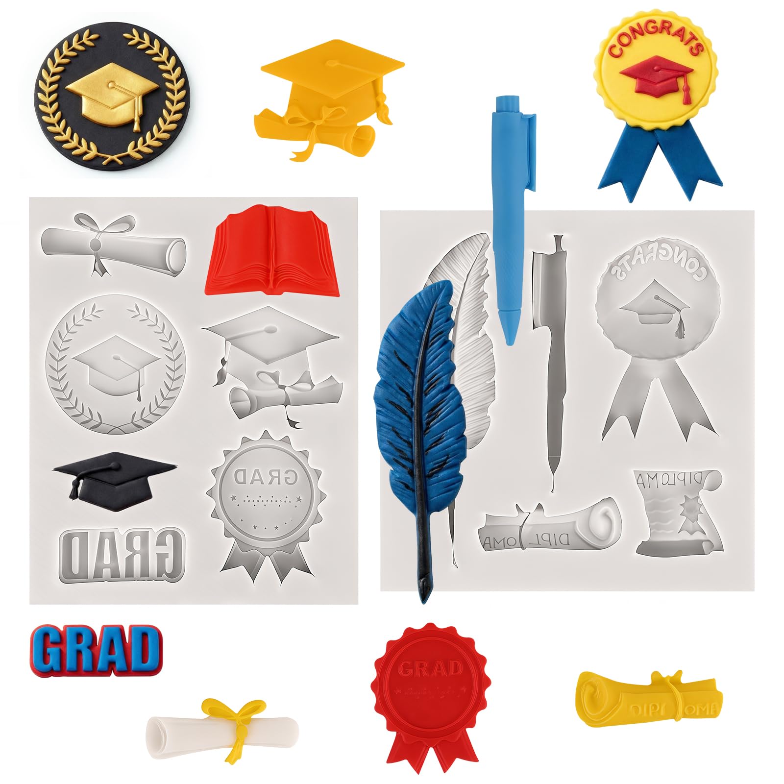 Sakolla 2 Pack 2026 Graduation Candy Chocolate Molds, Doctoral Cap Diploma Scroll Badge Pen Shape Fondant Silicone Molds for Party Cake Decoration（Mini/Grey）
